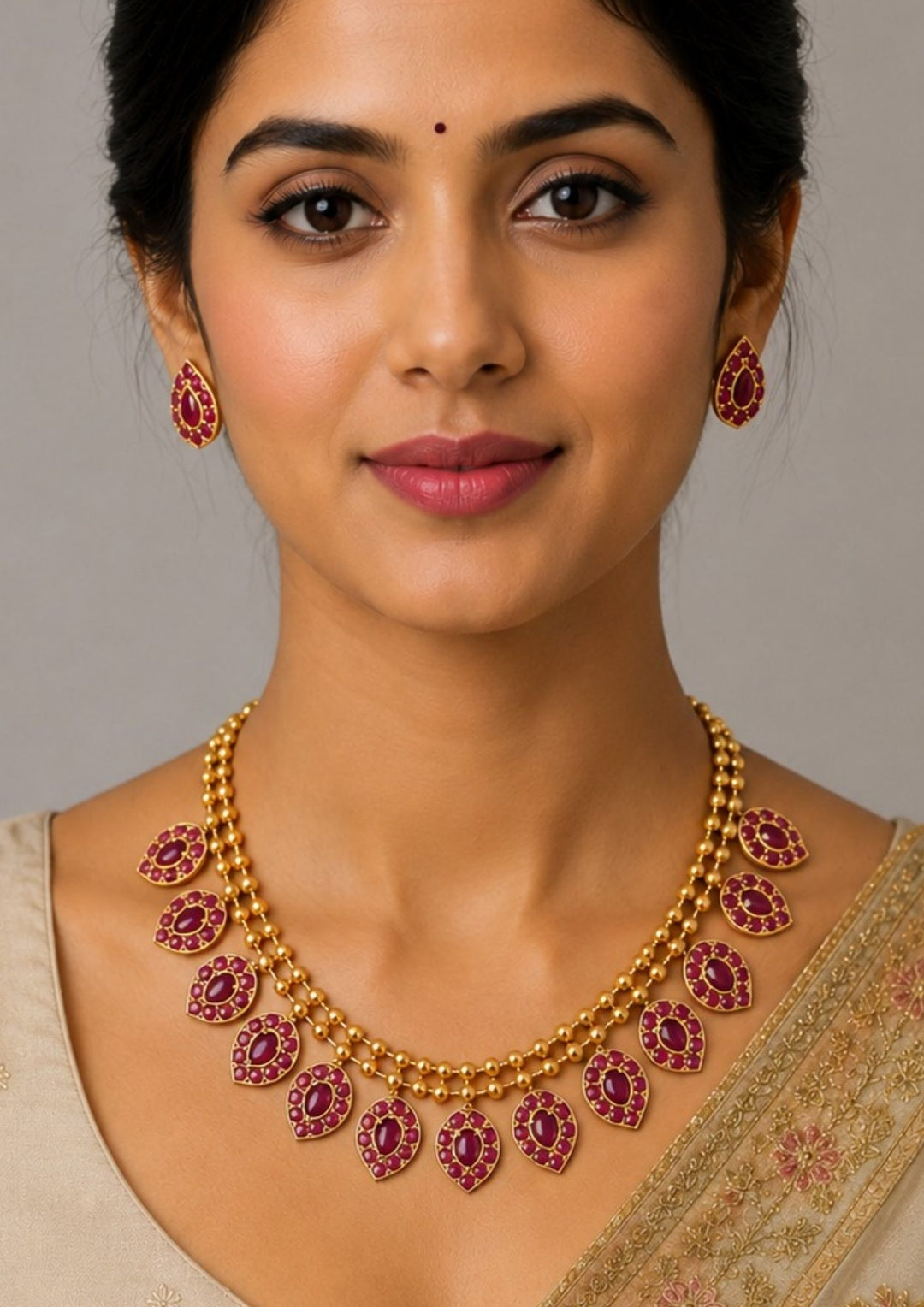 Woman wearing a gold necklace with red gemstones 