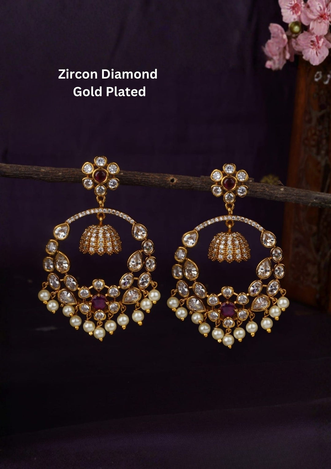 Zircon diamond gold plated red Chandbali Earrings waterproof, anti fade used for Festival ware, weddings, and ideal for gifting. 