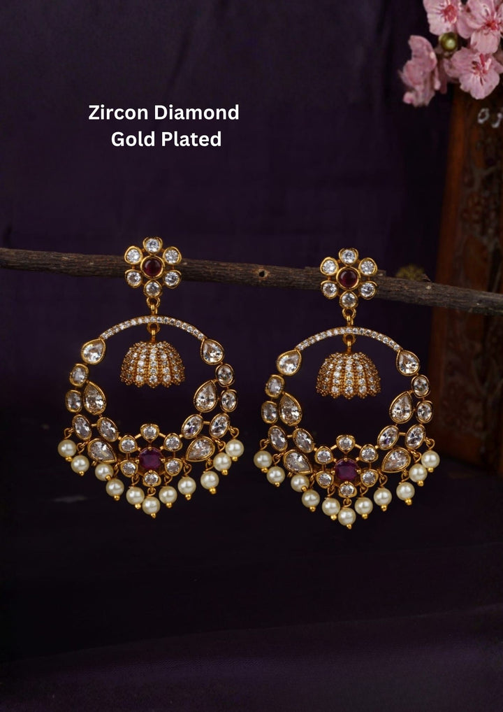 Zircon diamond gold plated red Chandbali Earrings waterproof, anti fade used for Festival ware, weddings, and ideal for gifting. 