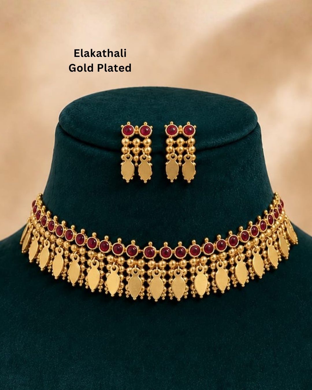 South indian women Beautiful gold plated Kundan choker necklace set featuring a detailed ruby stone border, layered golden beadwork, and elegant hanging motifs, paired with matching earrings. Perfect for festive occasions, traditional wear, weddings, and gifting.