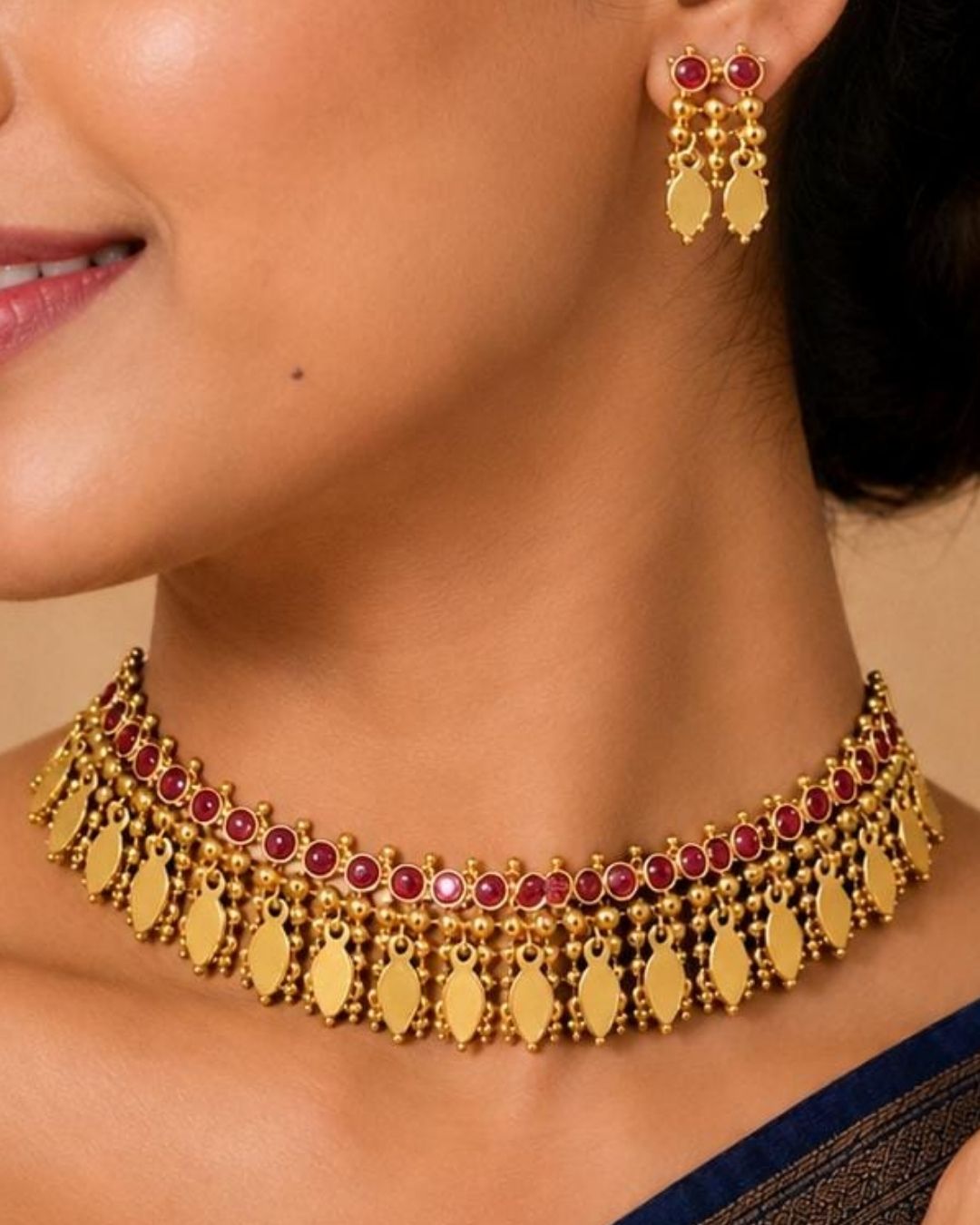South indian women Beautiful gold plated Kundan choker necklace set featuring a detailed ruby stone border, layered golden beadwork, and elegant hanging motifs, paired with matching earrings. Perfect for festive occasions, traditional wear, weddings, and gifting.