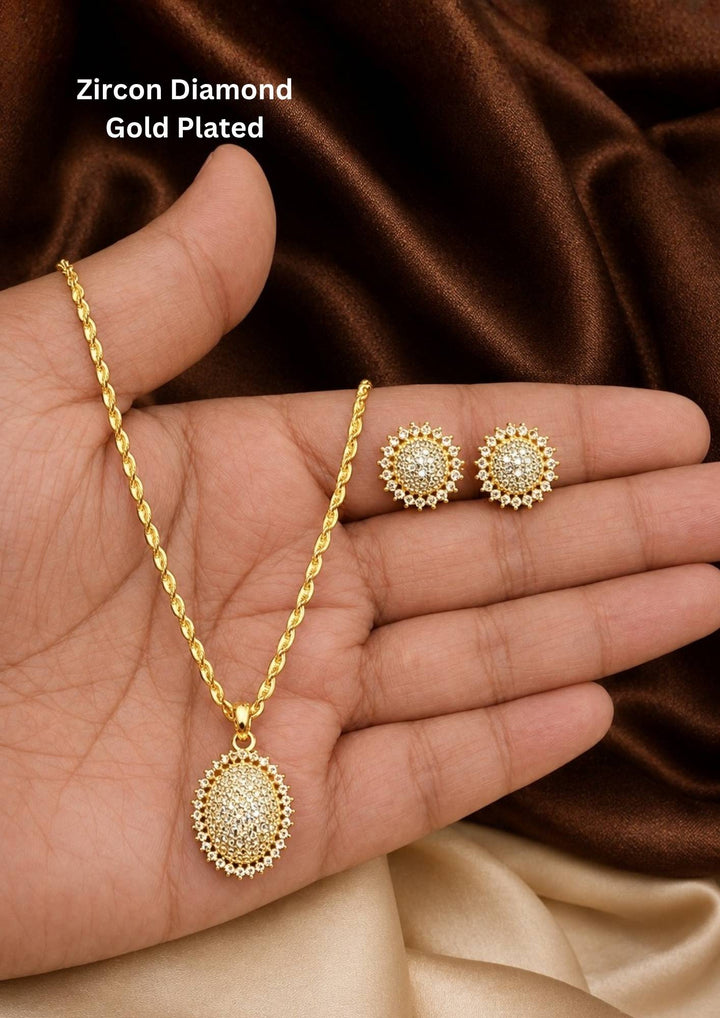 18k gold plated jewelry set featuring a twisted rope chain with an oval pendant densely studded with pure zirconian diamonds, paired with matching round floral-edged diamond stud earrings. This lightweight jewelry set is crafted with a premium gold finish that provides a rich, sparkling appearance suitable for weddings, parties, festivals, family functions, office wear, kurtis, and modern or traditional outfits with skin-friendly quality, anti-fade polish, comfortable fitting, and Cash on Delivery available