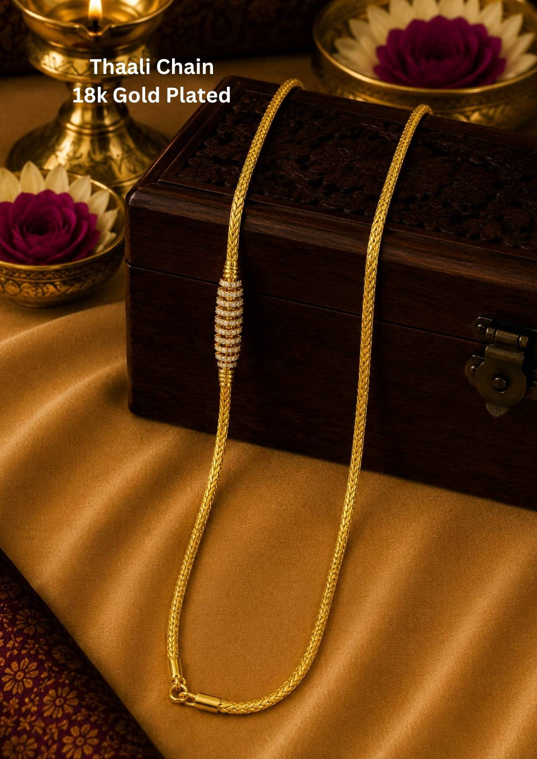 Beautiful 18K gold plated traditional Thaali chain with an elegant woven design and classic decorative detailing.
Designed for comfort, durability, and everyday elegance.
Perfect for pairing with mangalsutra pendants, weddings, festivals, and traditional occasions.