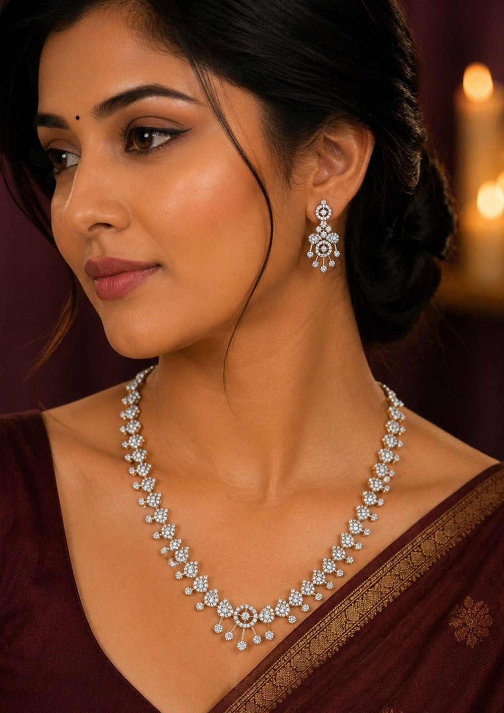 South Indian women wearing a Elegant American diamond necklace set featuring brilliant CZ stones with matching drop earrings, ideal for weddings, parties, and special occasions.