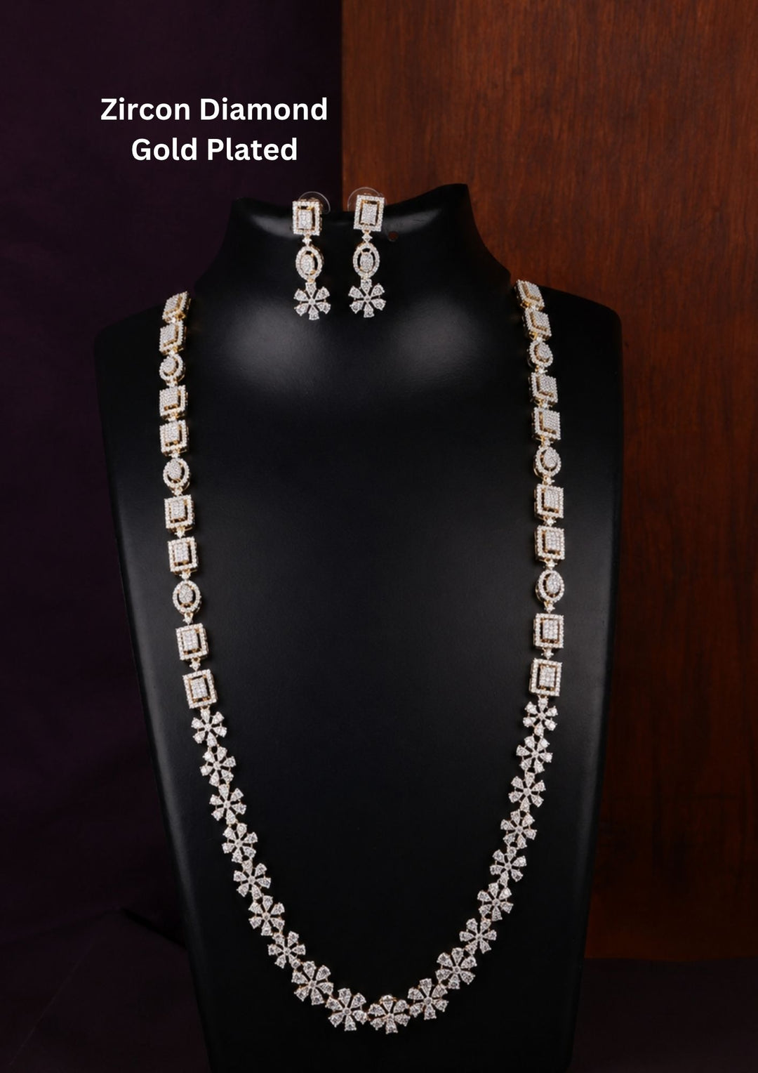 18K gold plated zirconian diamond floral necklace set with sparkling floral motifs and matching designer earrings crafted with brilliant stones and coordinated statement