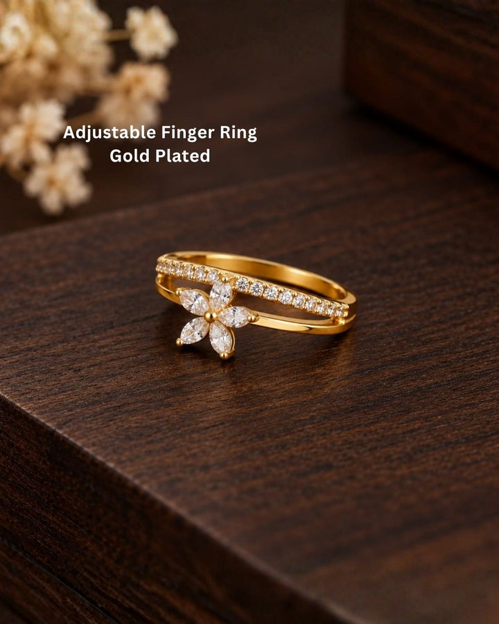 Stylish gold plated adjustable ring with a sparkling floral centerpiece and crystal-studded band, perfect for everyday and occasion wear.