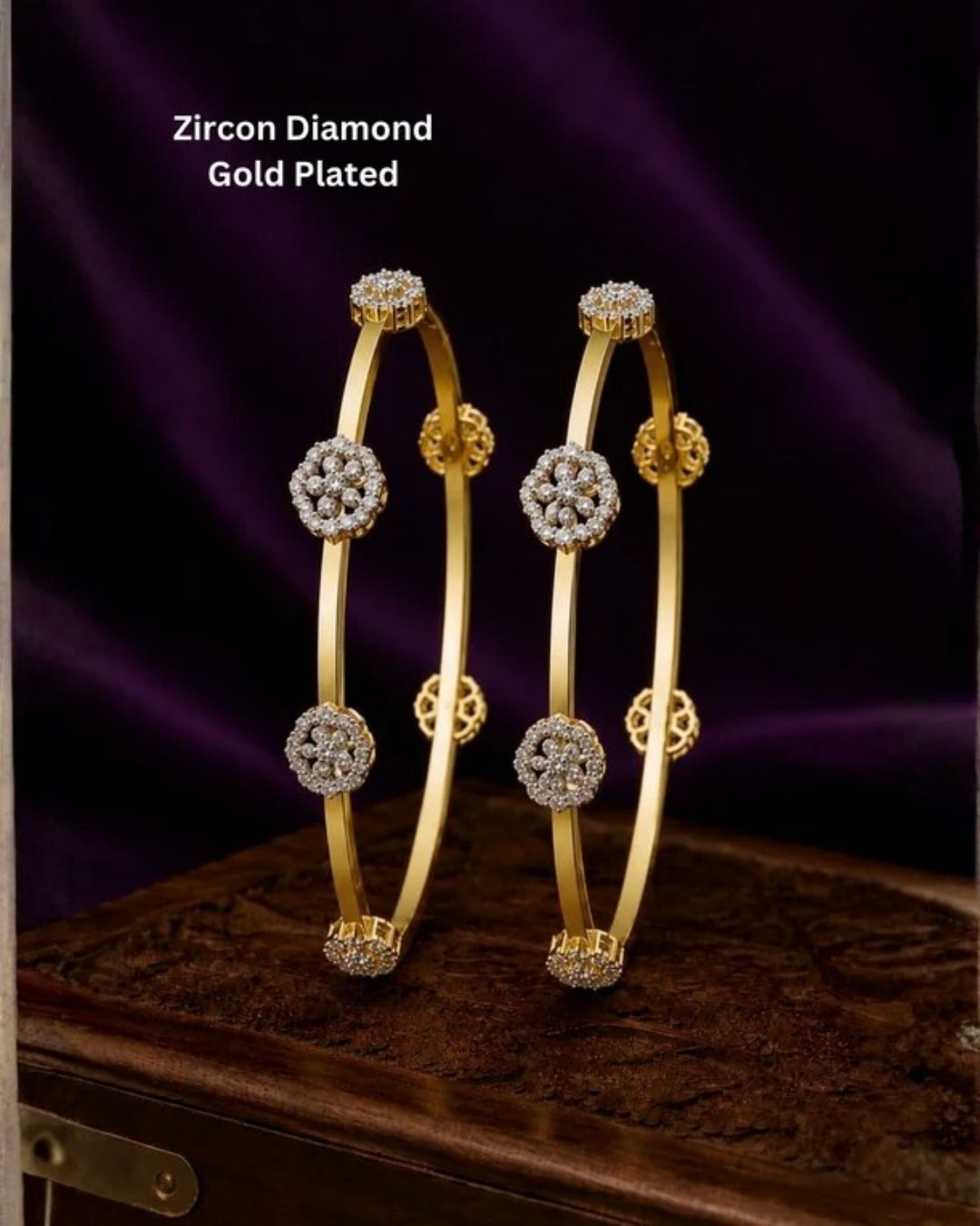 Premium zircon diamond gold plated bangles with delicate floral detailing and a polished finish, perfect for weddings, celebrations, and special occasions.