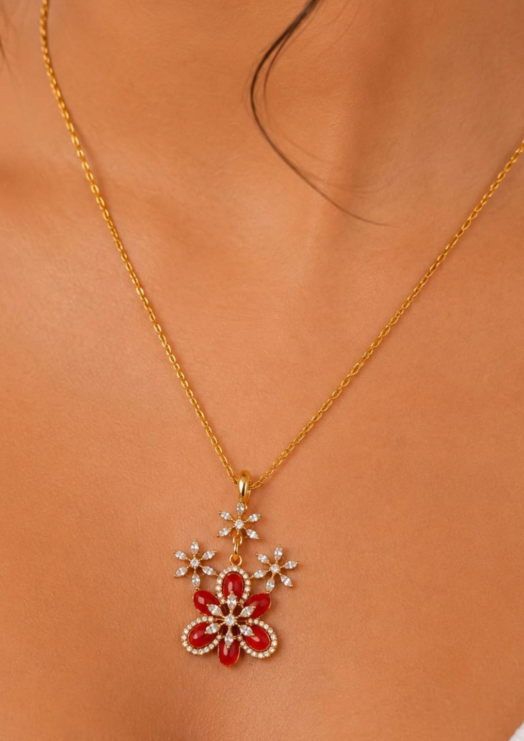 south indian traditional women wore zircon coral flower pendent and with neat finish can use for dailyware, pooja , festivals 