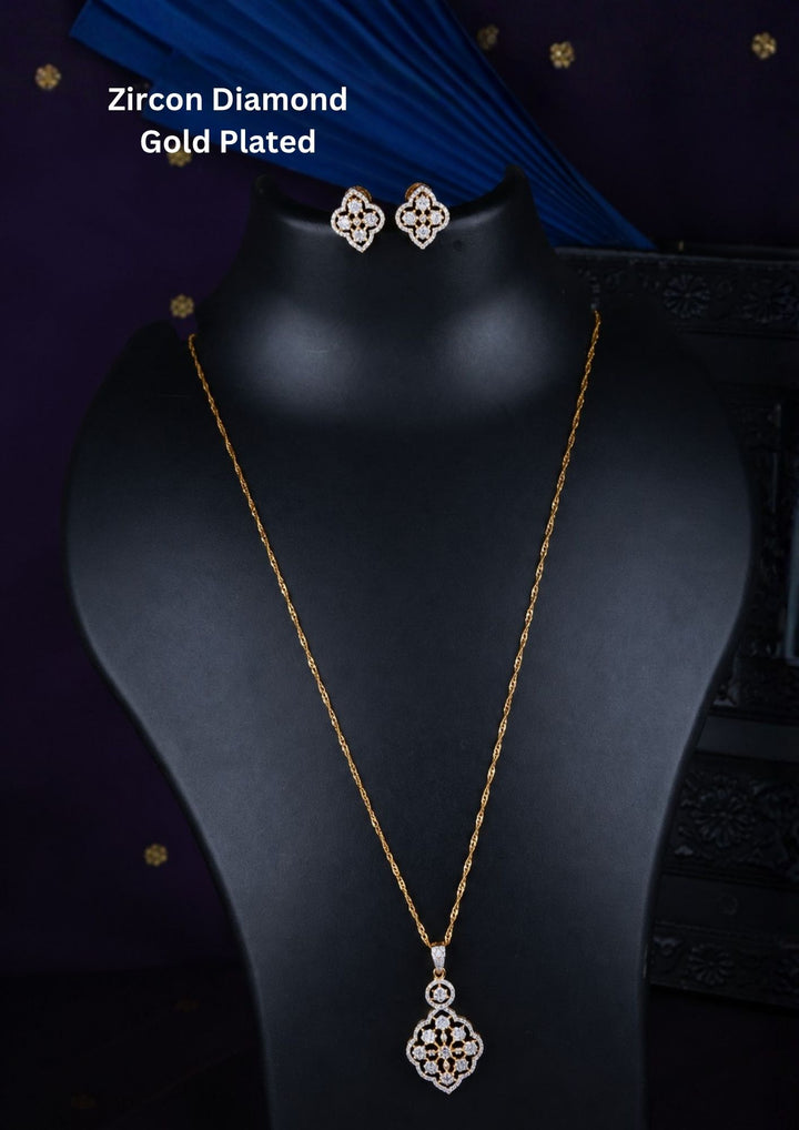 Lightweight zircon diamond jewelry set with a floral pendant, matching stud earrings, and an elegant 18K gold plated finish for everyday and occasion wear.
