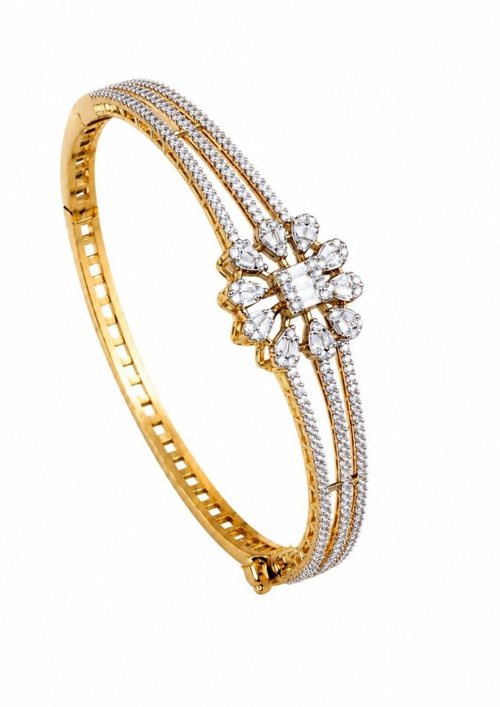 zircon diamond 18K gold plated bracelet featuring sparkling white zircon stones with elegant floral center design, triple line diamond look detailing and premium gold plated finish.