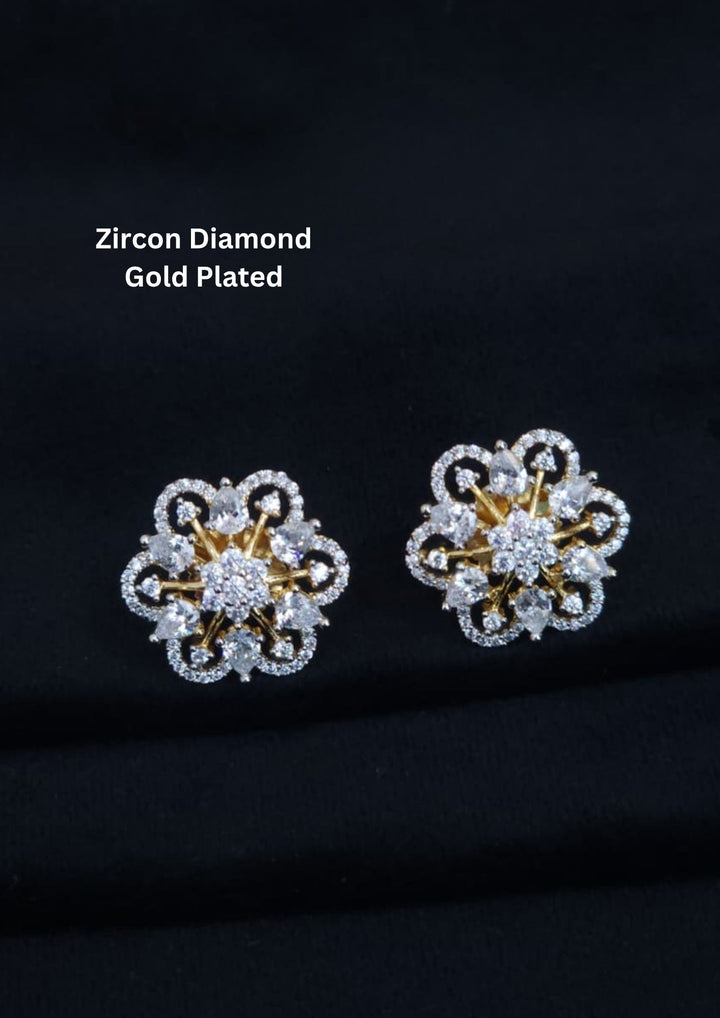 Elegant zircon diamond gold plated floral stud earrings featuring sparkling pear-cut and round zircon stones arranged in a luxurious flower design. Perfect for daily wear, parties, and festive occasions.