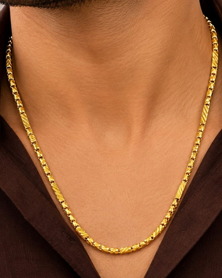 Beautiful gold plated long chain featuring intricate beaded detailing and textured elongated links arranged in a stylish repeating pattern. Perfect for traditional wear, festive occasions, daily wear, and gifting.