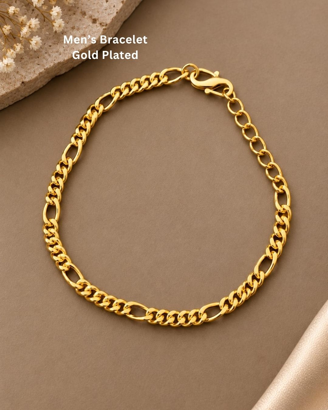Premium gold plated men’s bracelet featuring a classic Cuban link chain pattern with polished detailing and a secure lobster clasp. Perfect for everyday wear, parties, festive occasions, special events, and gifting.