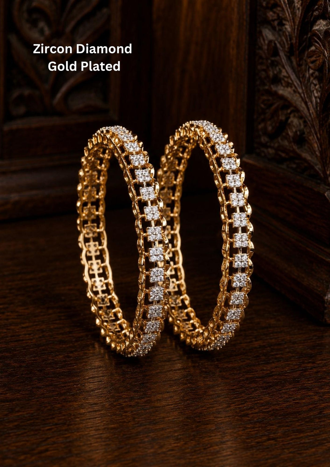 Zircon diamond gold plated bangles set of 2 featuring sparkling white zircon stones with elegant diamond look finish, premium gold plating and stylish traditional modern design. These lightweight bangles are crafted with fine zircon detailing that adds a rich and classy appearance suitable for daily wear, office wear, weddings, festivals, parties, family gatherings, sarees, kurtis, lehengas and western outfits with skin friendly quality, anti fade color