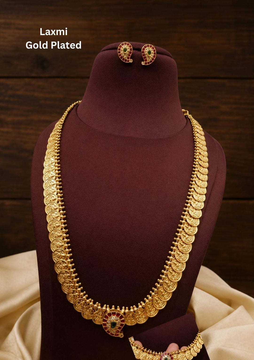 Antique gold plated temple jewelry Laxmi Kasulaperu haram necklace and matching small stud earrings set featuring a continuous row of traditional overlapping gold coins stamped with Goddess Laxmi images.  suitable for family gatherings, festivals, parties, and weddings with skin friendly quality, anti fade polish, comfortable fitting.