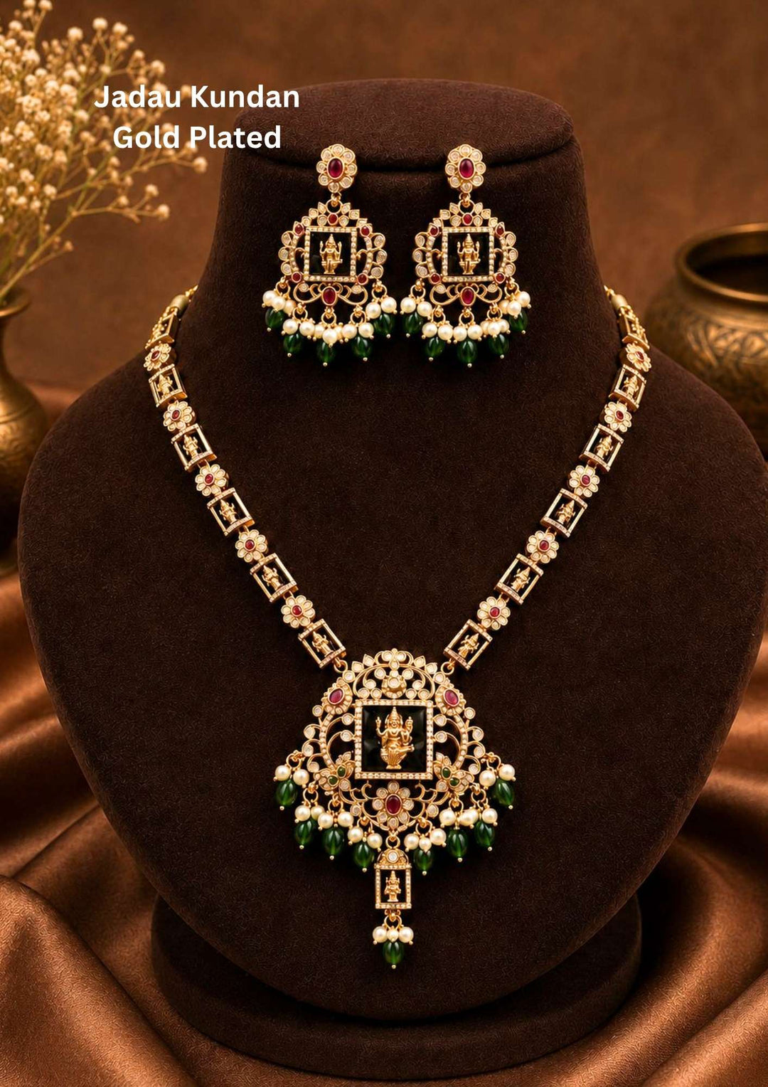Gold plated short necklace and matching hanging earrings set featuring a structured band filled with clear, shiny white Kundan stones. The entire lower rim of both the necklace and the earrings is decorated with neatly spaced hanging round green and red glass beads, providing a colorful, classic look suitable for weddings and family functions.