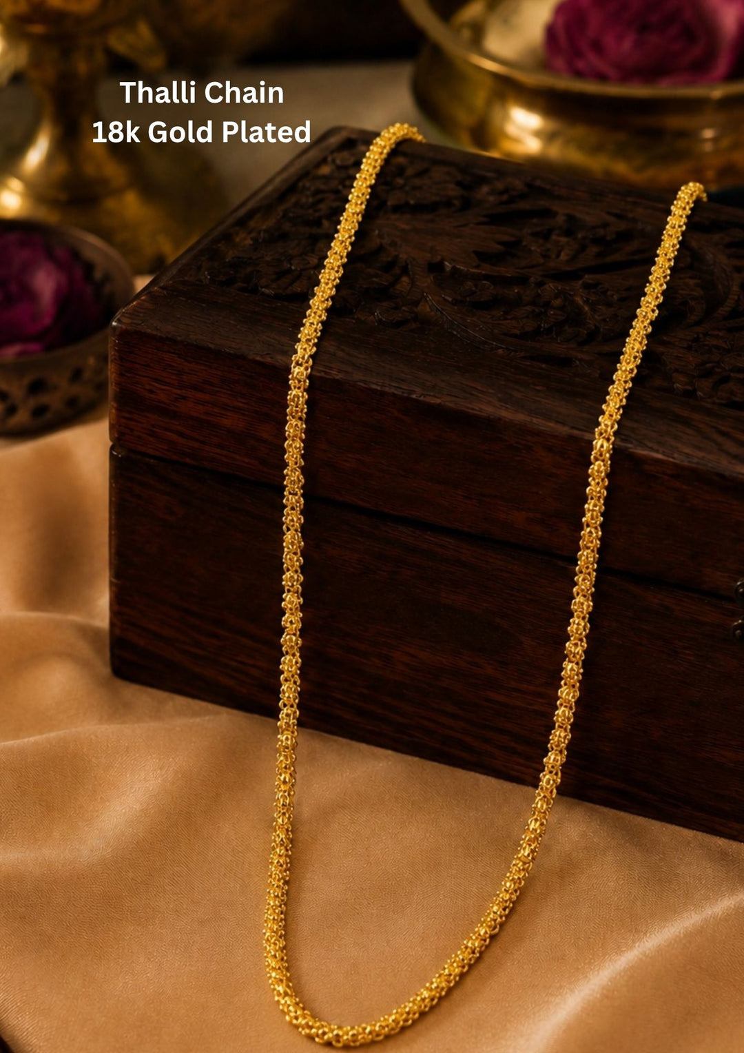 Traditional 18K gold plated thali chain with a detailed braided design and radiant gold finish, ideal for pairing with thali pendants and mangalsutra pendants.