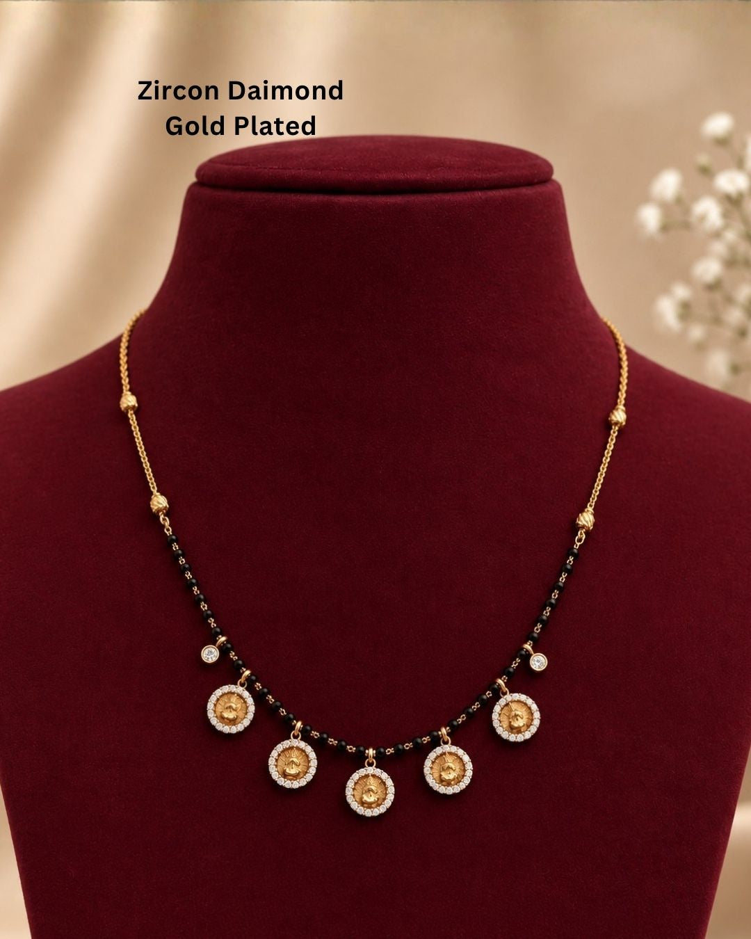 Premium gold plated mangalsutra featuring a classic black bead chain with five elegant circular coin pendants, each surrounded by sparkling clear stones. Perfect for daily wear, traditional occasions, weddings, festive celebrations, and gifting.