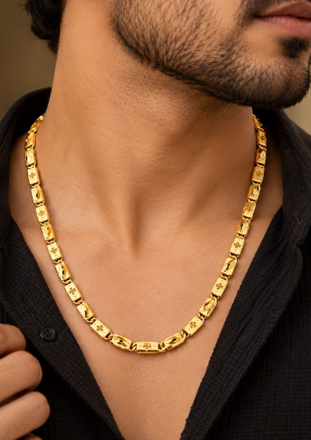 Premium gold plated men’s chain with detailed floral engraved links and a refined polished finish, suitable for everyday wear, festive occasions, parties, special events, and gifting.