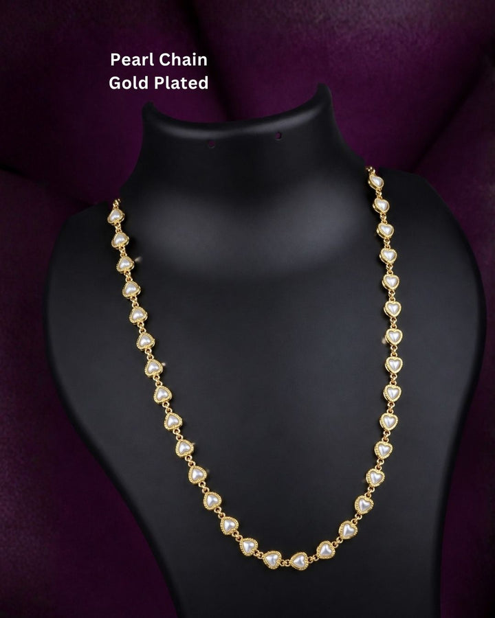 Stylish heart design gold plated chain featuring multiple heart-shaped pearl accents and delicate gold links. Perfect for daily wear, festive occasions, traditional outfits, gifting, and special occasions.