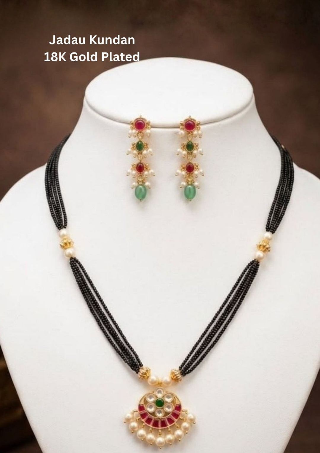 Jadau Kundan Gold Plated 18k Mangalsutra with 3 step earrings designed with 5 rows of black beads with jadau kundan locket and matching earrings perfect for functions, festivals, weddings and it is anti fade color and skin friendly