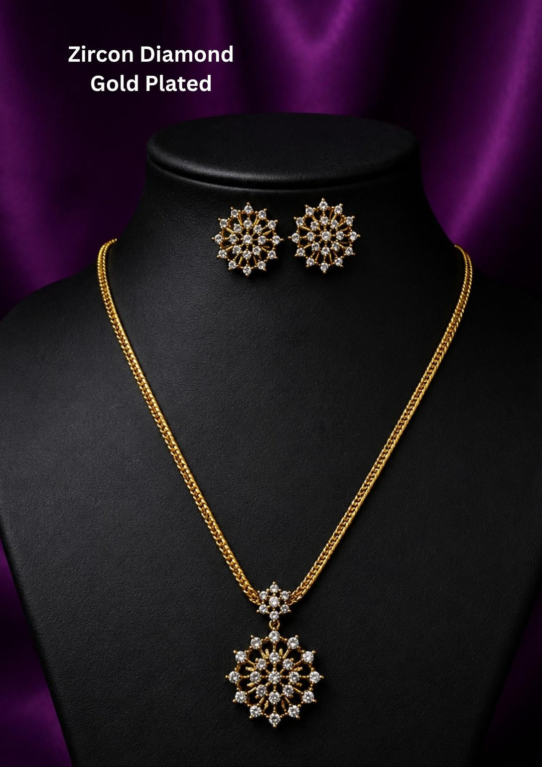 Elegant Zircon Diamond gold plated pendant set featuring sparkling floral pendant with matching stud earrings. Perfect for office wear, parties, and festive occasions.
