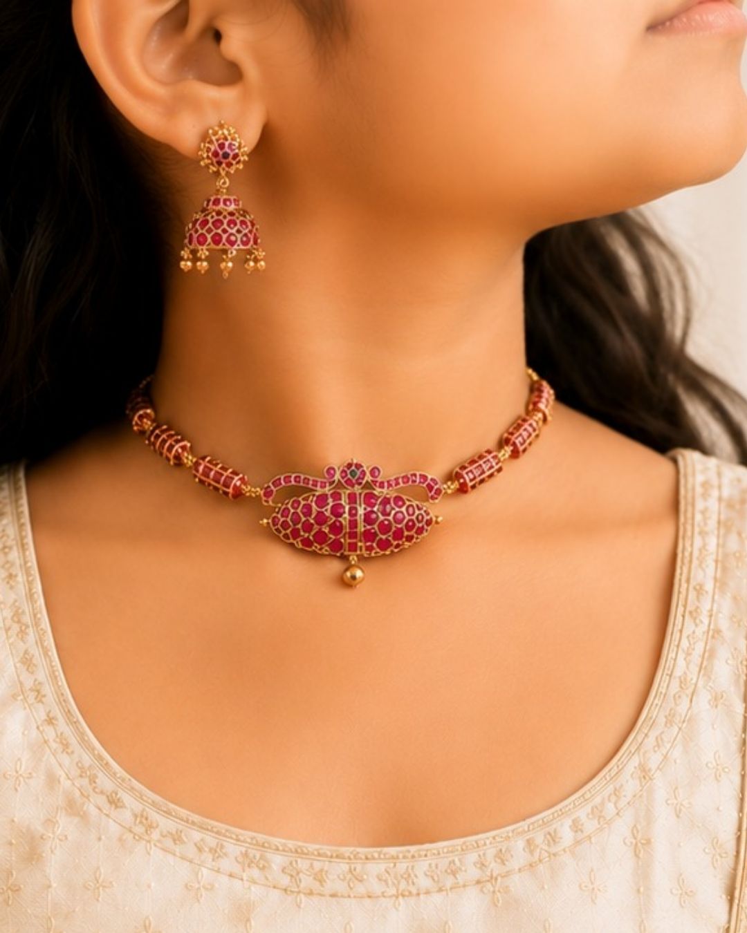 Premium gold plated ruby stone choker necklace set featuring an intricate central floral-inspired pendant and matching jhumka earrings embellished with ruby-colored stones. Perfect for weddings, festive occasions, traditional wear, parties, and gifting.