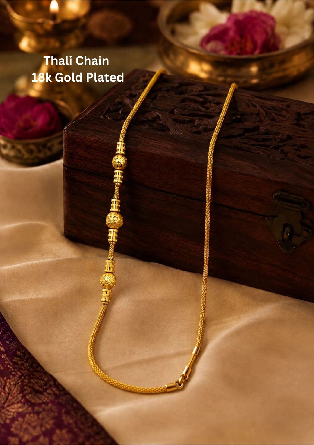 18k gold plated thali chain featuring an all-gold side mogappu section made of three prominent textured spherical beads with detailed filigree patterns separated by miniature gold spacers. This classic minimalist non-stone woven chain provides an authentic antique solid gold look suitable for weddings, daily wear, poojas, family functions, traditional cotton or silk sarees, and festive kurtis with skin-friendly non-allergic quality, highly durable anti-fade polish, lightweight 