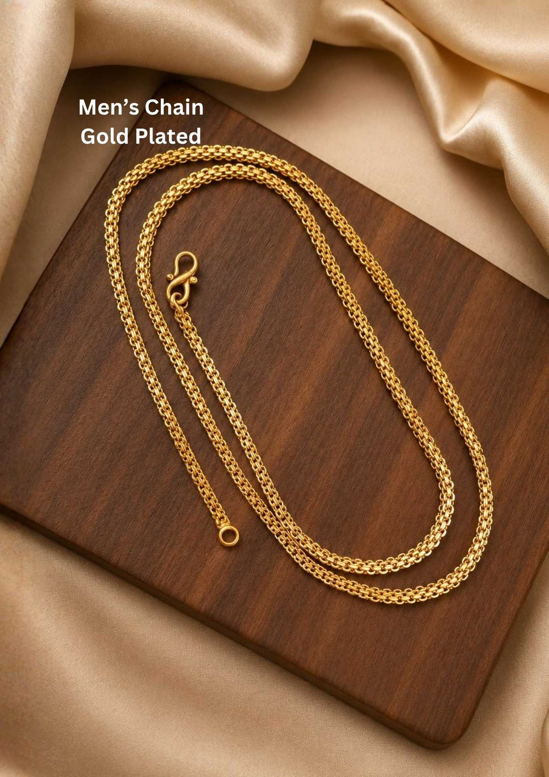 gold plated men's chain designed with a smooth intricate link pattern that gives a graceful traditional and modern look for festivals, festive occasions, poojas, weddings and daily styling with lightweight comfortable use and COD available now.