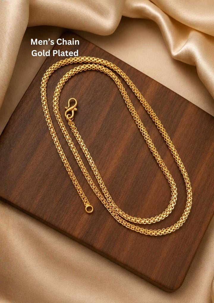 gold plated men's chain designed with a smooth intricate link pattern that gives a graceful traditional and modern look for festivals, festive occasions, poojas, weddings and daily styling with lightweight comfortable use and COD available now.