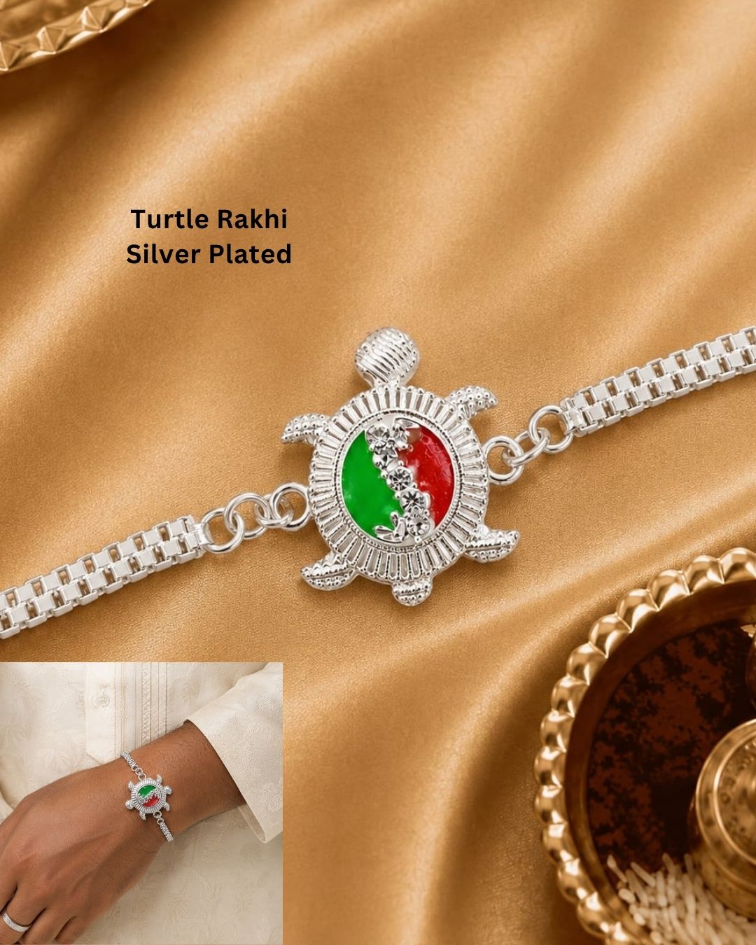 Traditional Silver Plated Turtle Rakhi Bracelet with an intricately crafted turtle design, colorful enamel detailing, crystal embellishments, and a stylish silver-tone chain.
