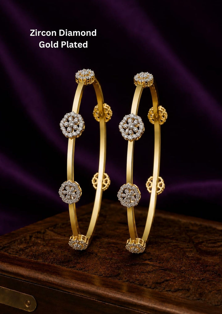 Premium zircon diamond gold plated bangles with delicate floral detailing and a polished finish, perfect for weddings, celebrations, and special occasions.