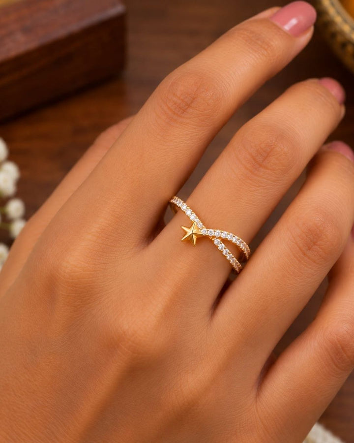 Stylish gold plated adjustable ring featuring a beautiful star motif, sparkling zircon stones, and a polished finish, perfect for everyday and festive wear.