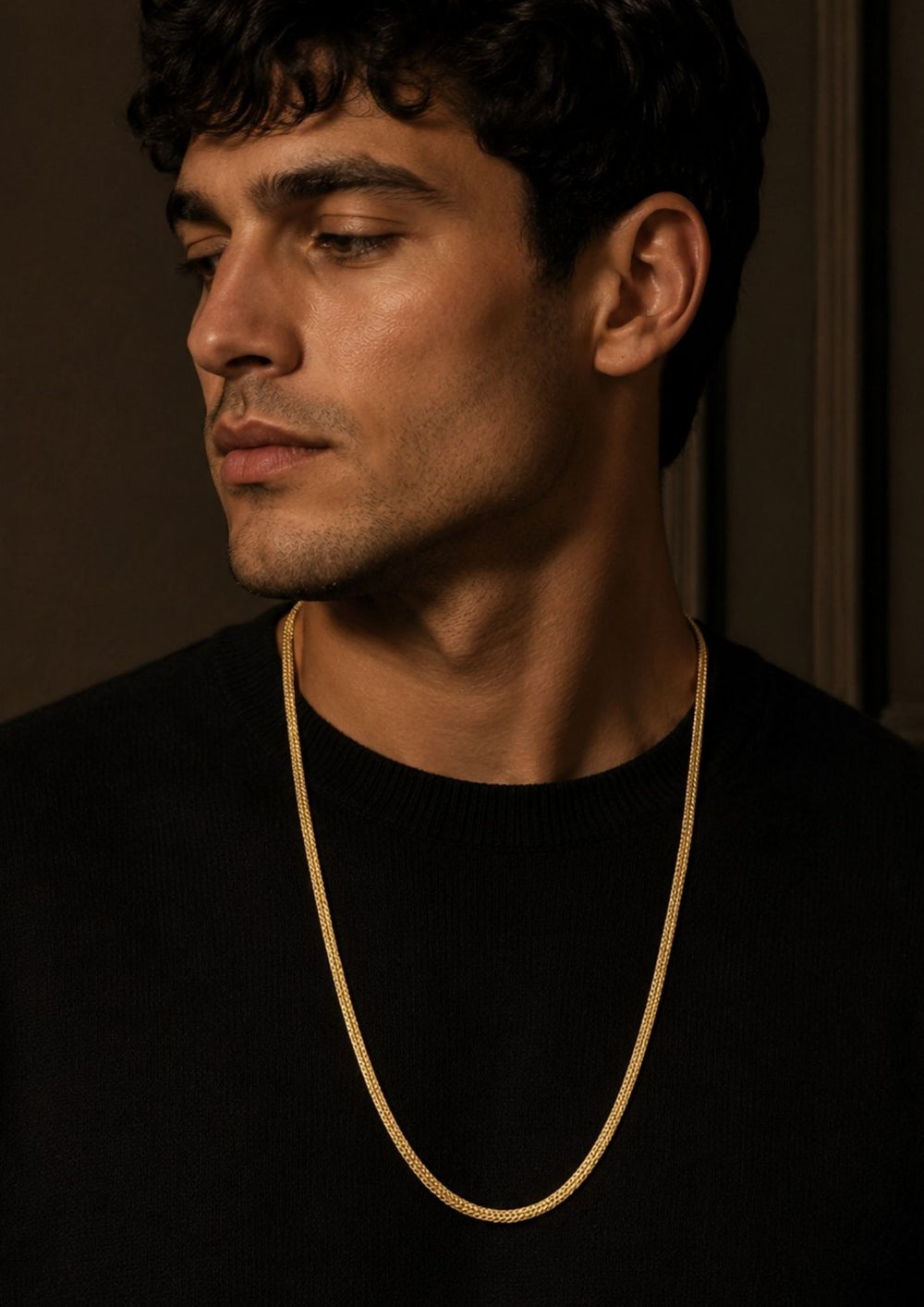 South indian men wearing a Elegant men's gold plated chain crafted with a premium interlinked design that offers a timeless and sophisticated look. Ideal for casual wear, festive occasions, and gifting.