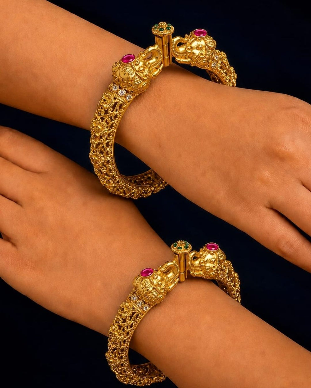 Beautiful temple design gold plated bangles featuring intricate motifs, detailed craftsmanship, and a traditional antique finish. Perfect for festive occasions, weddings, traditional outfits, and gifting.