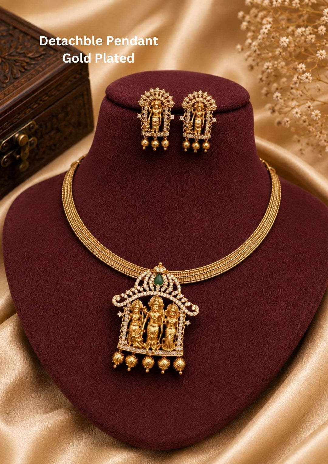 Jadau Kundan Temple Detachable pendent Necklace it is designed with lord rama laxmana sita with green emerald it is anti fade color perfect for pooja, festivals Cod available at zevana