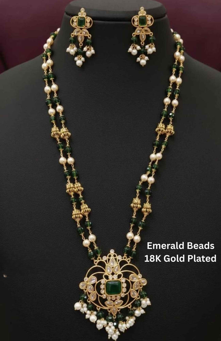 18k gold plated Emerald Beaded necklace with earrings