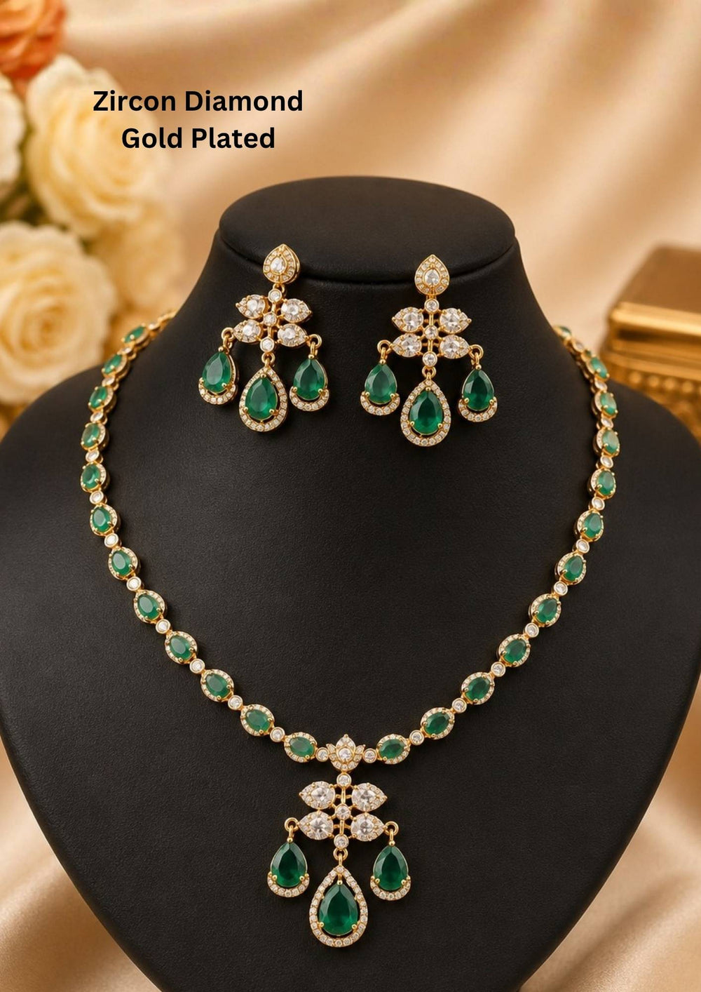 Gold-plated zircon diamond jewelry set featuring a necklace and matching earrings with green teardrop gemstones and clear rhinestone accents