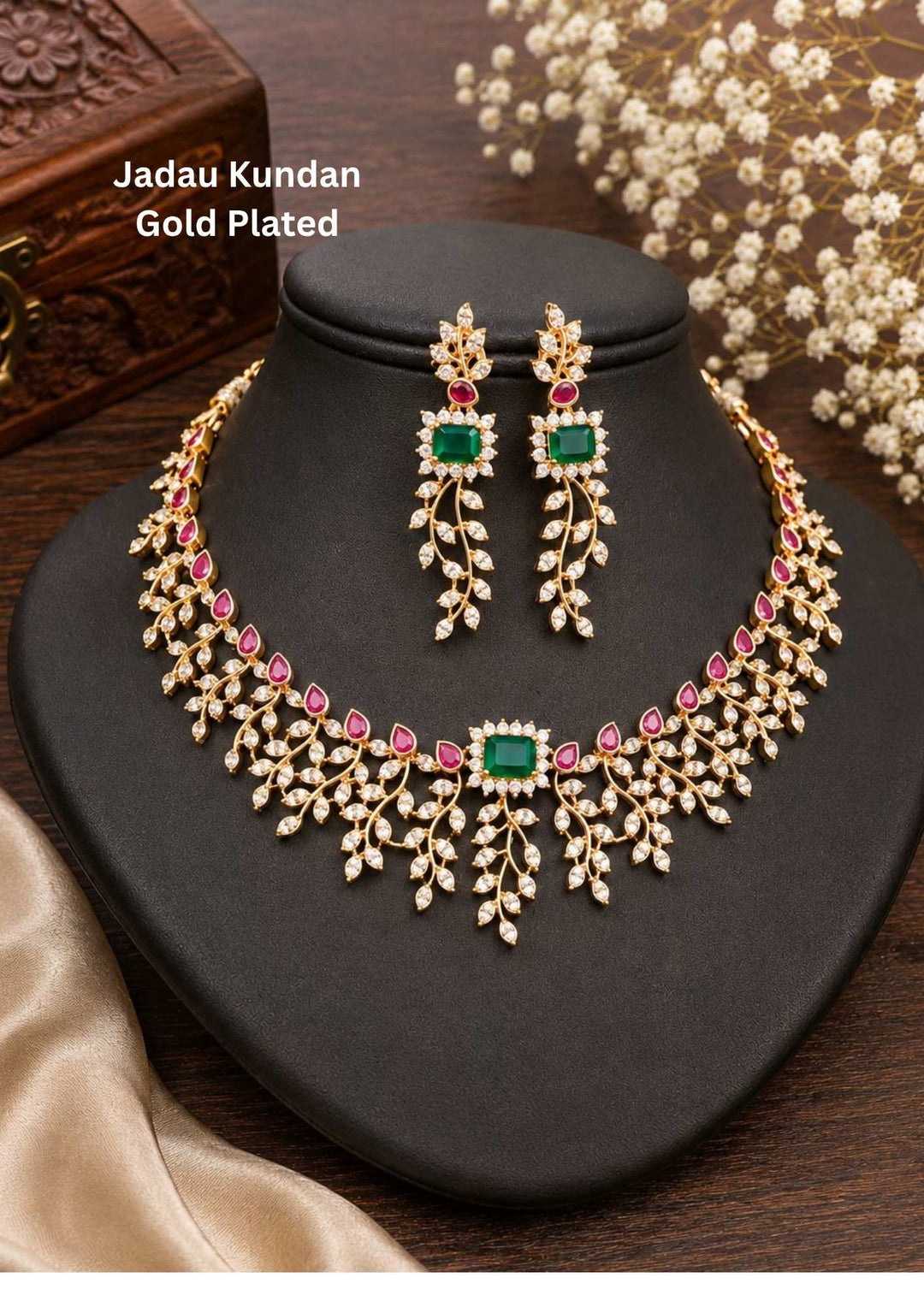 Shop our premium Kundan Brass Base necklace with earrings designed with green and pink ruby stone perfect for wedding, festivals it is anti fade color | COD available at ZEVANA