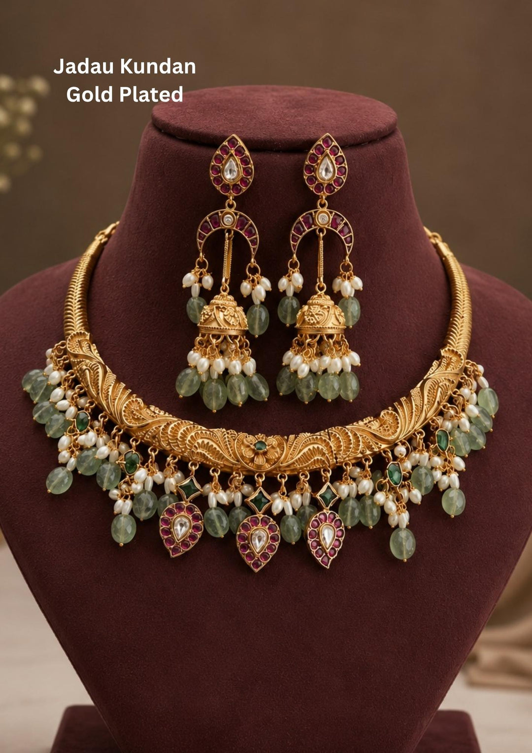 jadau kundan gold-plated necklace and earrings and in image necklace and earrings look very classy and the beads with light weight earrings and can be use for festivals. weeding's and for gift