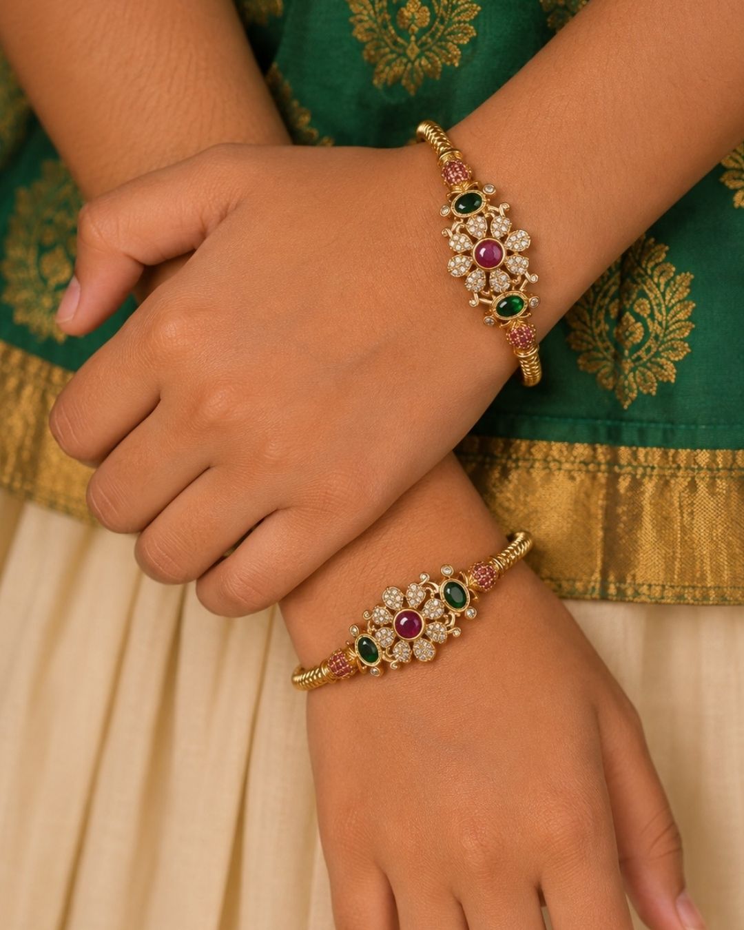 Jadau Kundan Gold Plated Flower Bangles designed with floral kundan stone work,  with kempu stones and traditional handcrafted bangle design, premium gold plated finish, lightweight structure, sweat proof coating, anti-fade colour protection, and skin-friendly wear suitable for weddings, festivals, pooja functions, bridal wear, and cultural celebrations.