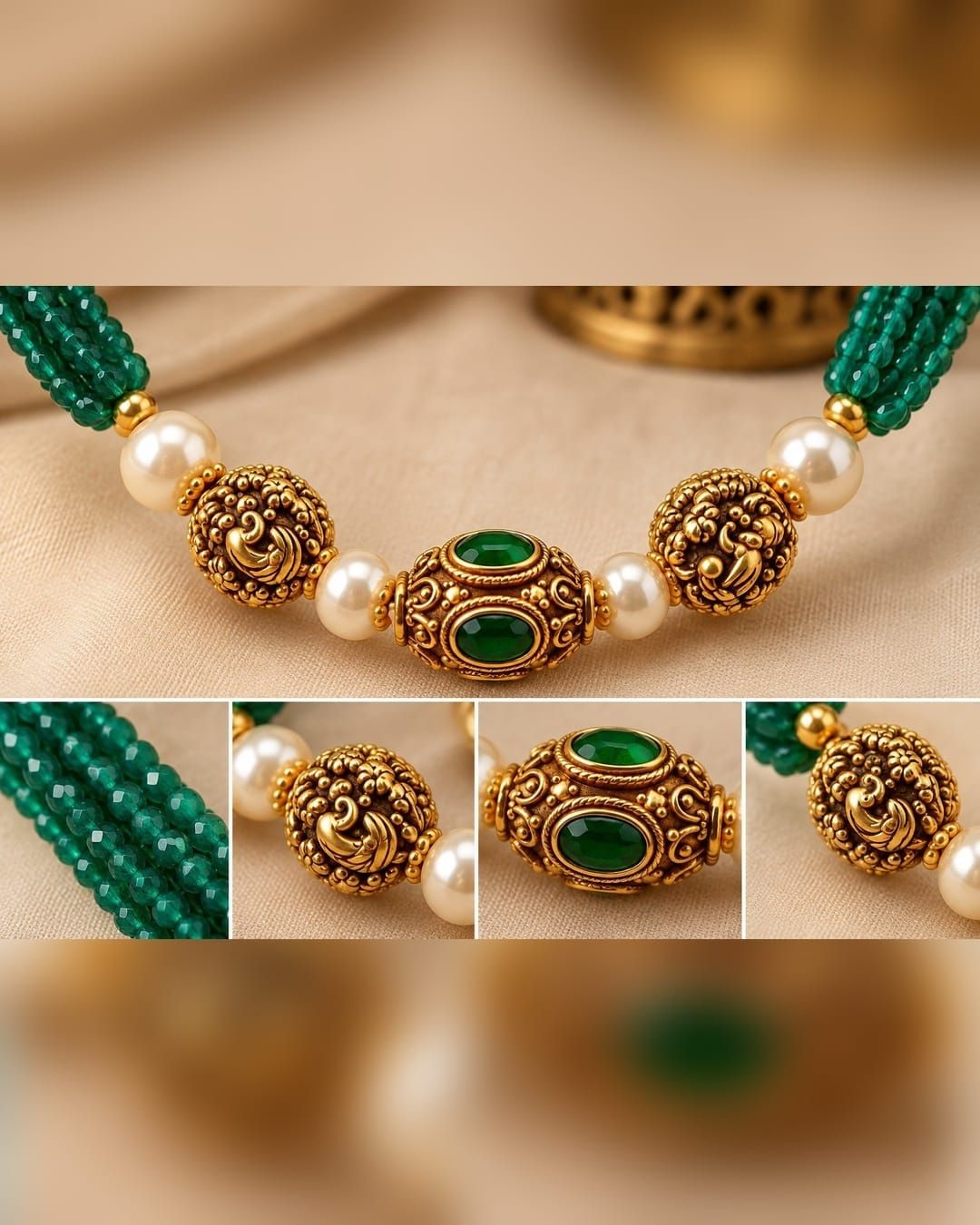 Traditional gold plated emerald beads necklace featuring multiple green bead strands, pearl accents, detailed gold motifs, and an elegant center pendant, perfect for festive and traditional wear.