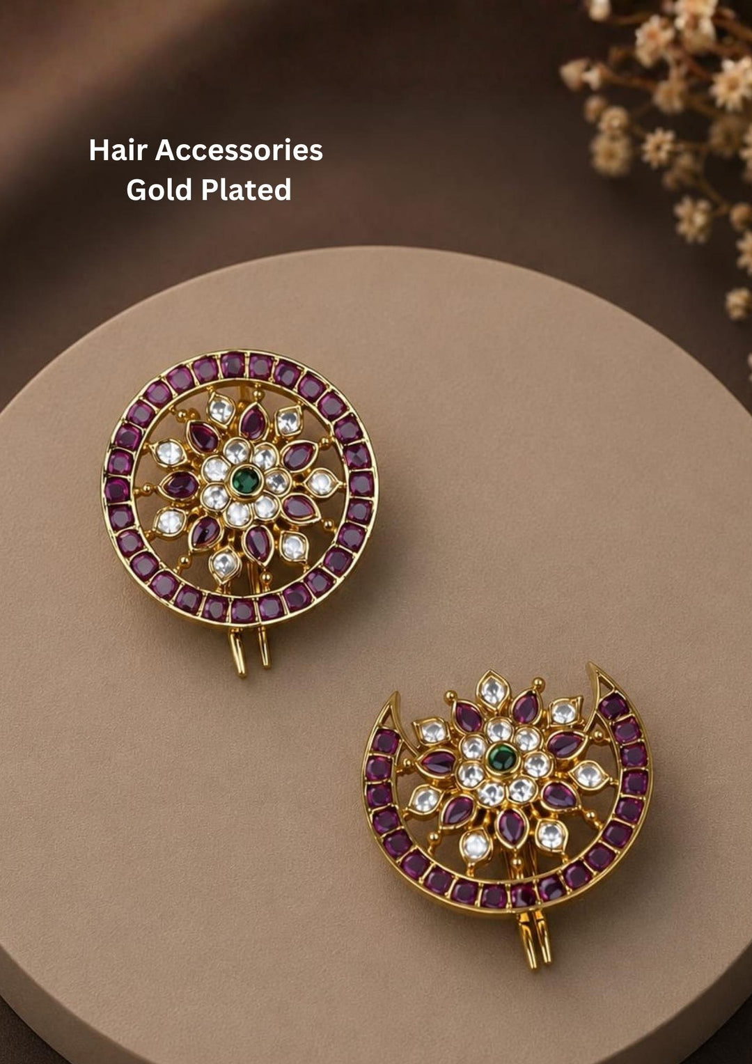 Beautiful Jadau Kundan gold plated Sun and Moon brooch set adorned with ruby stones, green center accents, and shimmering zircon detailing. Perfect for festive occasions, traditional attire, cultural events, and premium gifting.