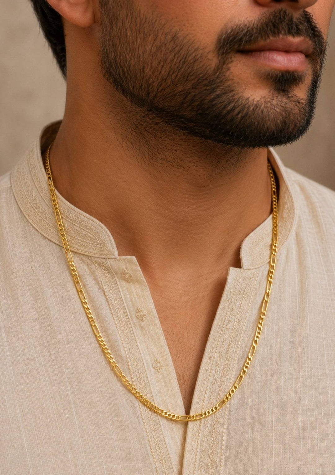 South indians Stylish gold plated neck chain for men crafted with polished Figaro links, perfect for casual wear, parties, gifting, and traditional outfits.
