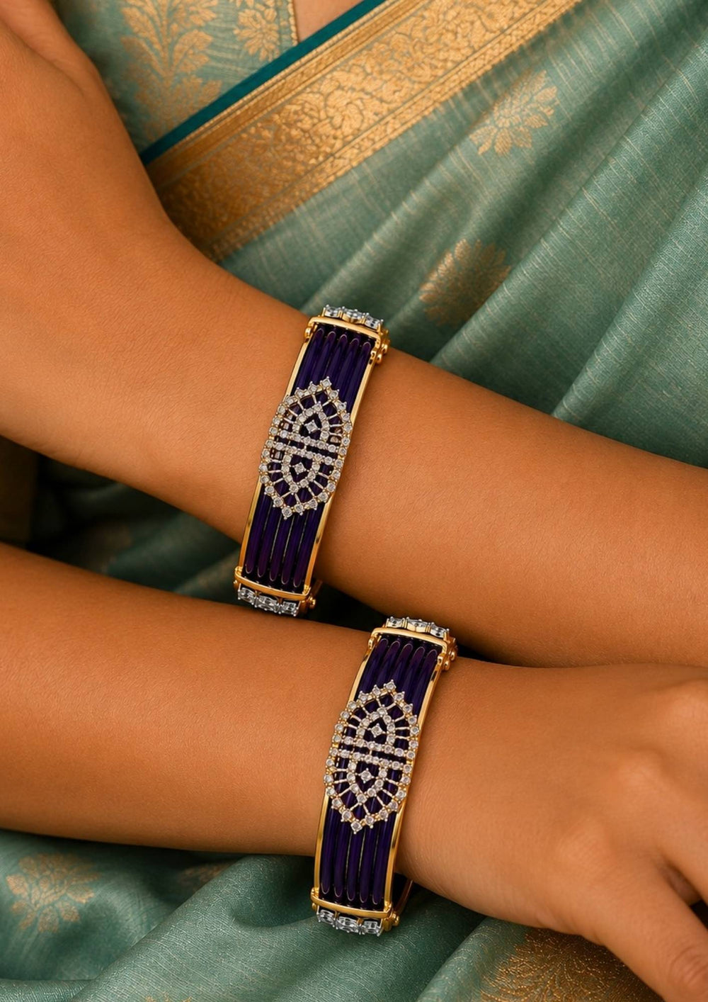 South indian womwn's Beautiful multicolor silk thread bangles set paired with designer purple kadas featuring sparkling zircon detailing and premium craftsmanship. Perfect for weddings, festivals, traditional outfits, bridal wear, family functions, and premium gifting.