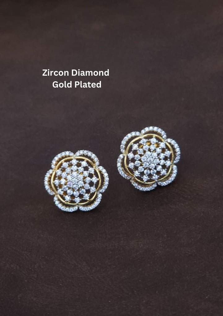 Gold-plated zircon diamond floral stud earrings feature a layered rosette design beautifully paved with brilliant white zircon diamonds over a rich gold-plated base, forming a sparkling, symmetrical blossom. making these versatile studs a perfect standalone accessory for both festive events and elegant cocktail parties.