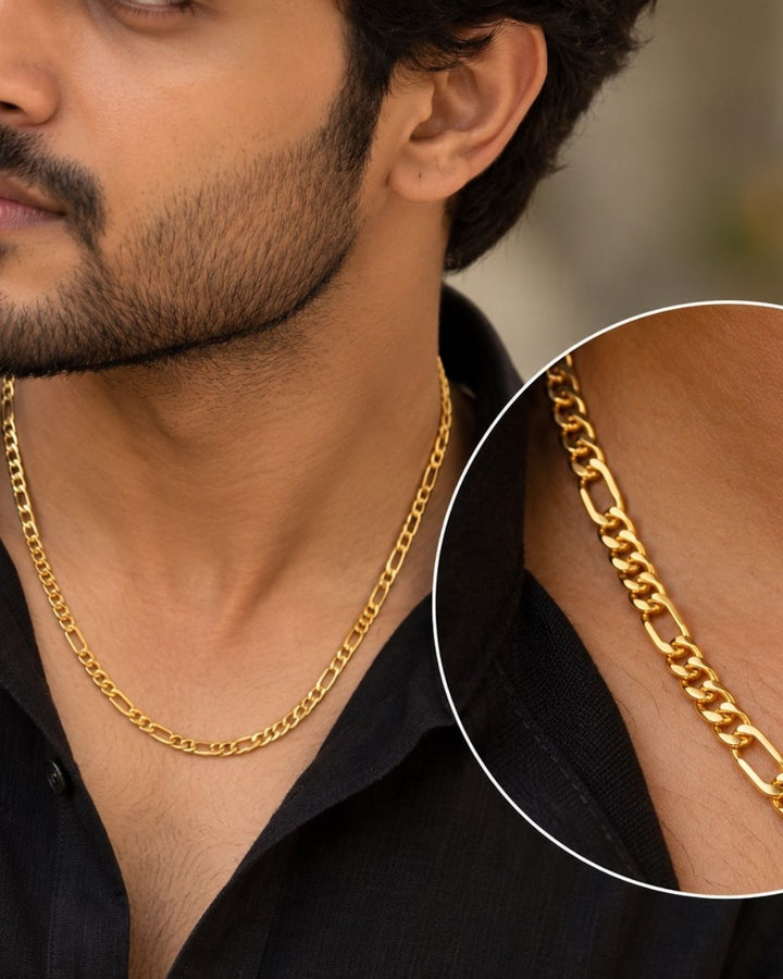 18k Gold Plated Figaro Mens Chain Model Image men wearing in traditional wear ideal for dailywear ,office wear ,partywear