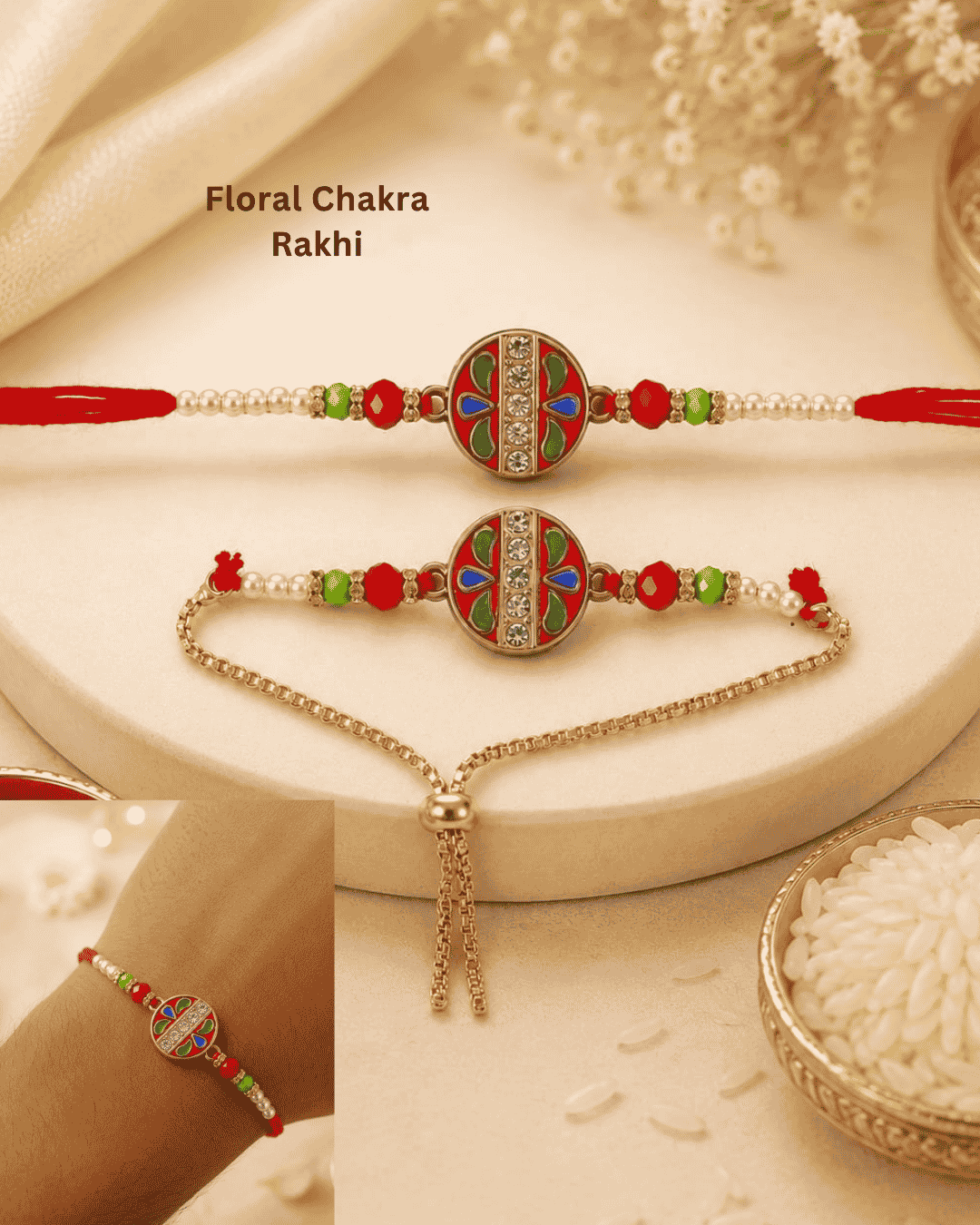 Elegant Floral Chakra Rakhi showcasing a decorative circular centerpiece with colorful enamel detailing, crystal embellishments, pearl beads, and an adjustable bracelet.