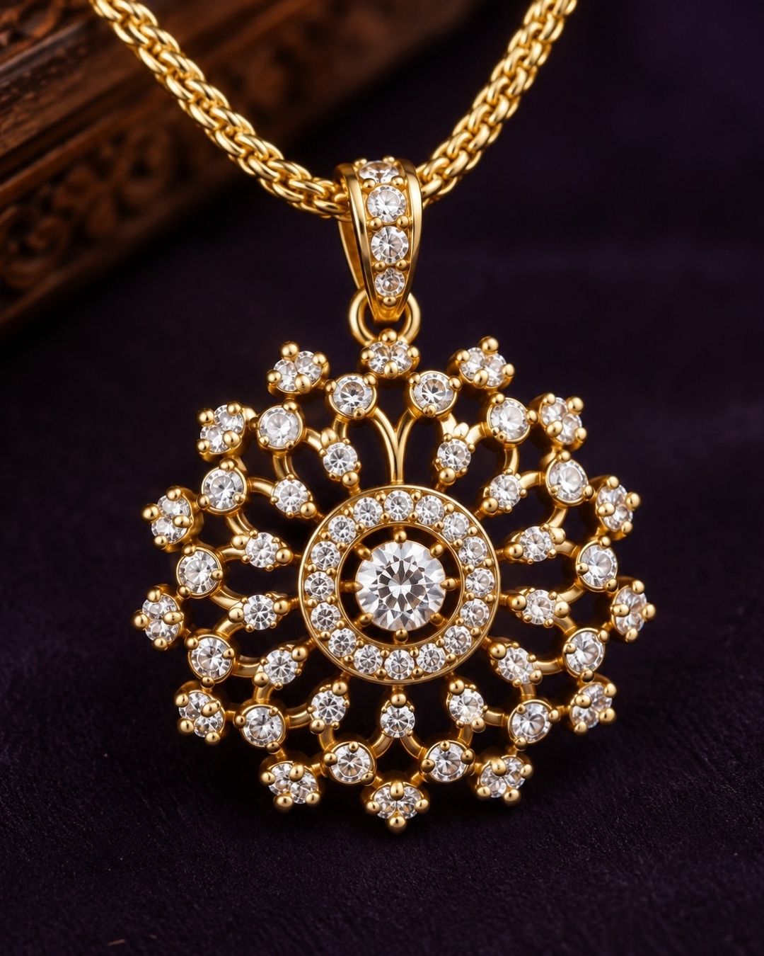 Zircon diamond 18K gold plated pendant set with matching floral studs and lightweight long chain necklace suitable for daily wear, festive wear, and traditional occasions with Sweat proof, anti-fade colour, skin-friendly finish.