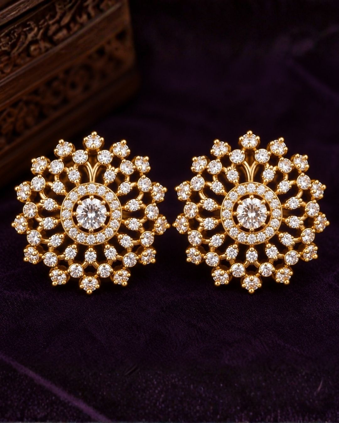 Zircon diamond 18K gold plated pendant set with matching floral studs and lightweight long chain necklace suitable for daily wear, festive wear, and traditional occasions with Sweat proof, anti-fade colour, skin-friendly finish.